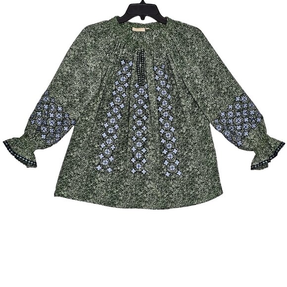 Rungolee Tops - Rungolee Barcelona Embroidered Blouse Size XXS Silk Crepe V Neck Top Green Blue